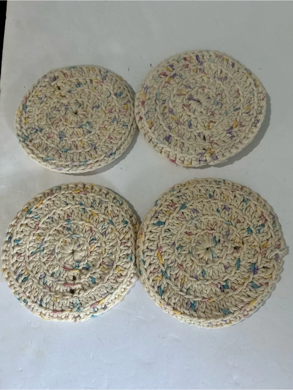 Vintage Handmade Crochet Coaster Set Of 4 Ivory Cream  4.5 Inch Grannycore